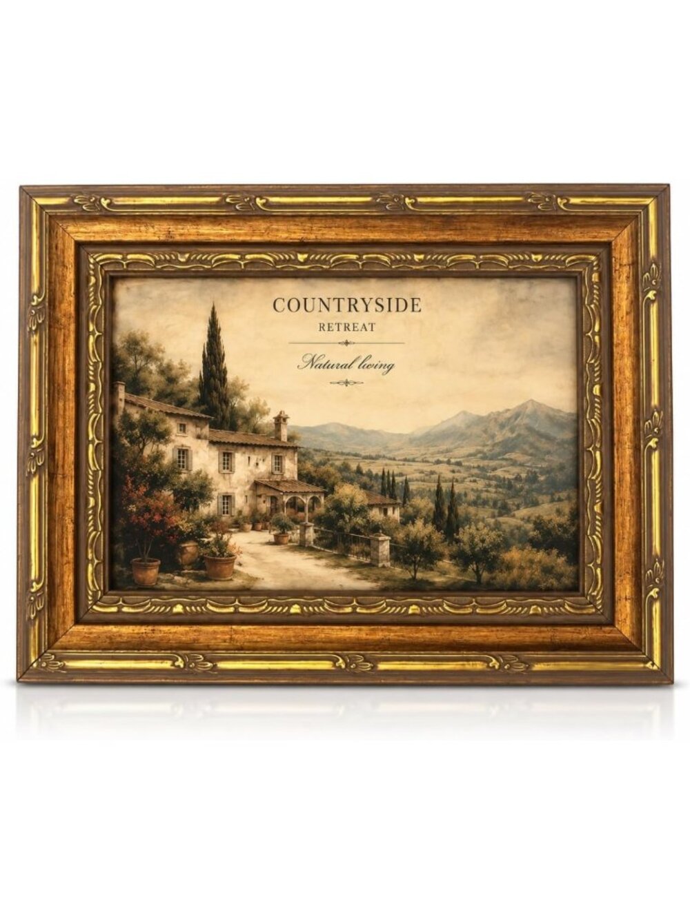 Rustic Vintage Gold Framed Canvas Wall Art - Countryside Landscape Decor 12x16